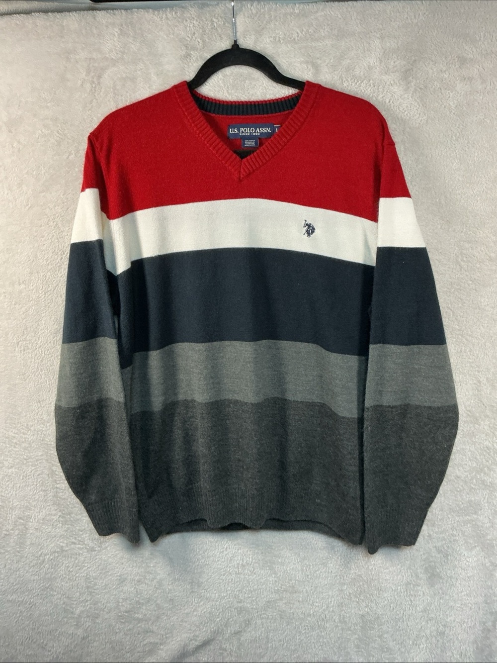 U.S. Polo Assn. Men’s Red White Navy Gray Striped V-Neck Sweater